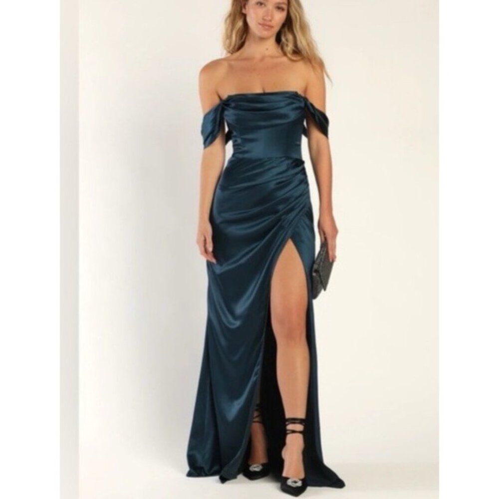 Lulus Formal Maxi Homecoming Prom Dress L Teal Blue Green Off Shoulder Flowy NEW